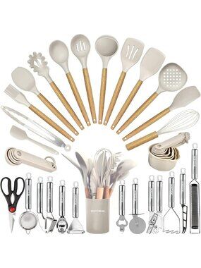 35-Piece Kitchen Utensils Set - Heat-Resistant Silicone & Wooden Cooking Tools
